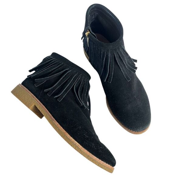 Kate Spade Black Suede Fringe Bootie Size 7 Side Zip Ankle Boots Gum Sole Boho - Picture 1 of 12